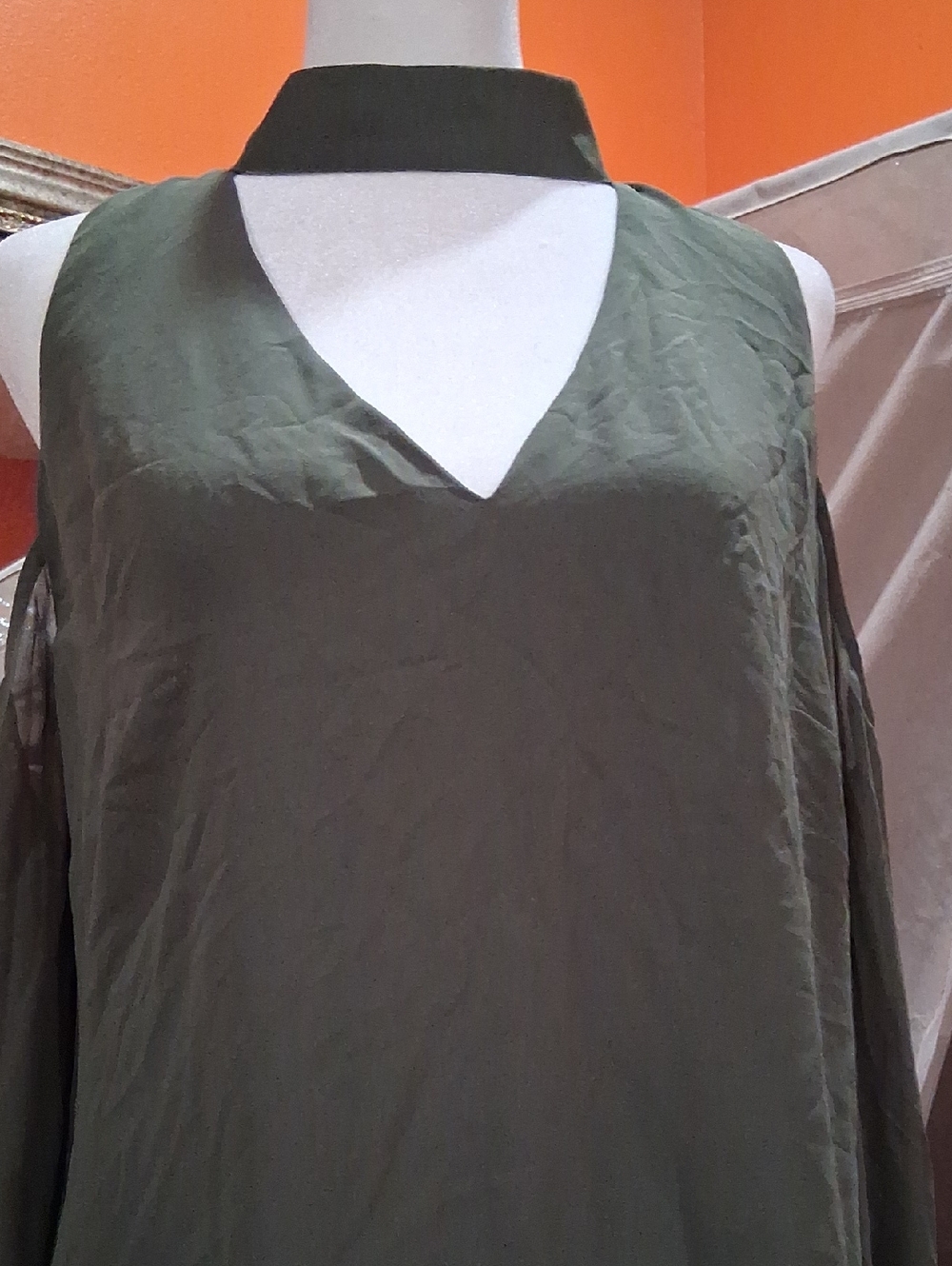 bebe Olive Green Dress with V-Neck and Cold-Shoulder Detail